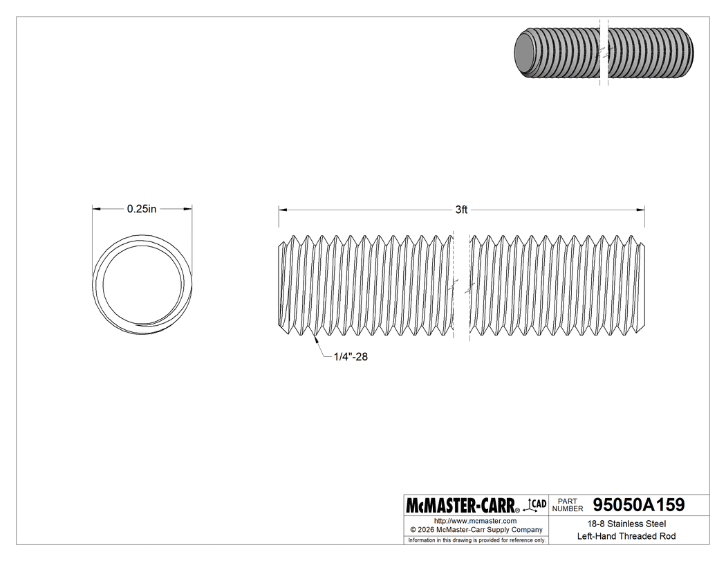 Technical Drawing of 18-8 Stainless Steel Left-Hand Threaded Rod, 1/4"-28 Thread Size, 3 Feet Long.